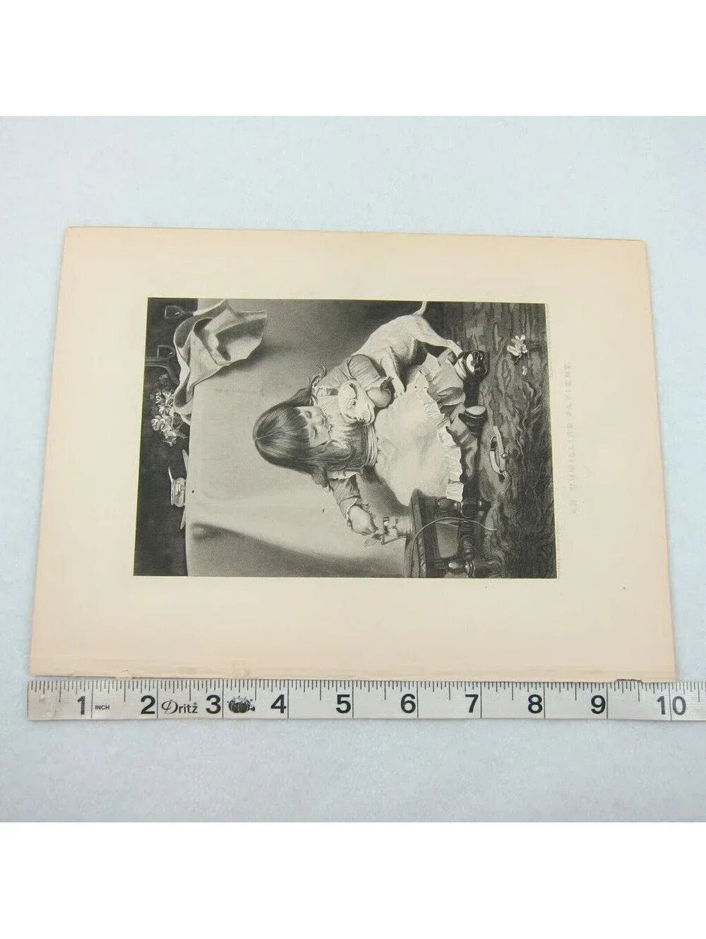 Antique 1800s Victorian Engraving Print Little Girl & Dog Unwilling Participant